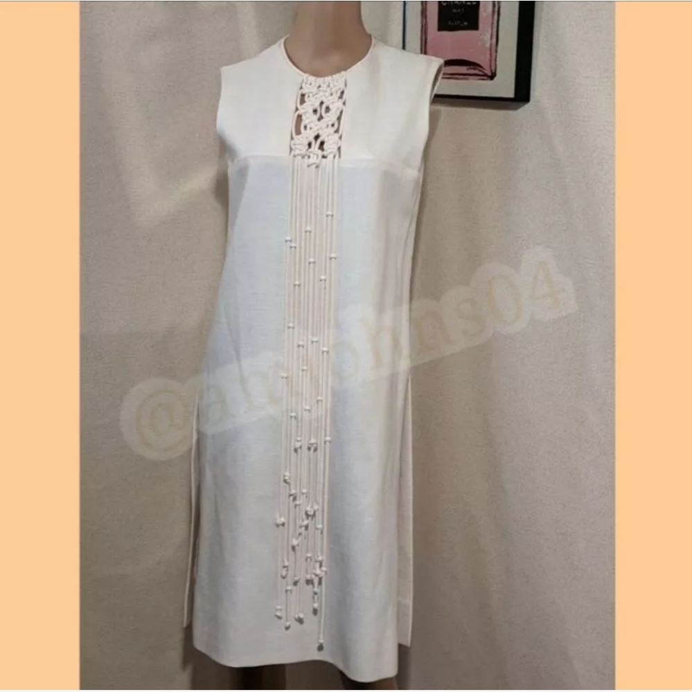 BH Wragge Vtg Midi Shift Rope Fringe Macrame Beaded Off White Midi Dress - Picture 15 of 15
